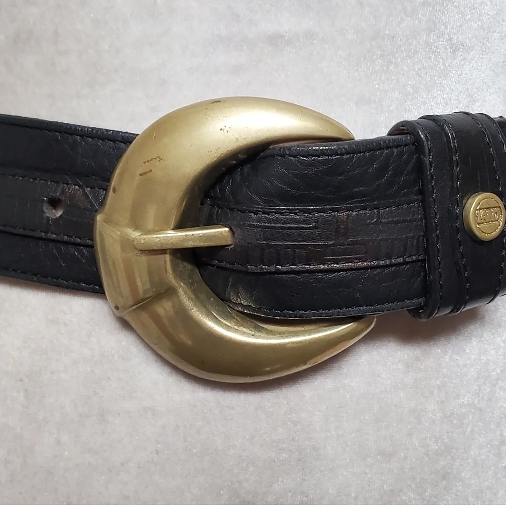 70s Vintage Land Black Copper Aztec Leather Brass Buckle Boho Statement Belt S